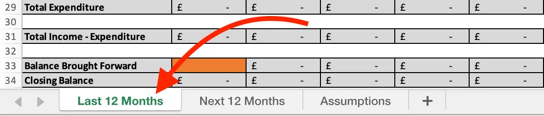 Detail of tab navigation at the bottom of the spreadsheet. An arrow indicates the place to click to navigate to 'Last 12 months'