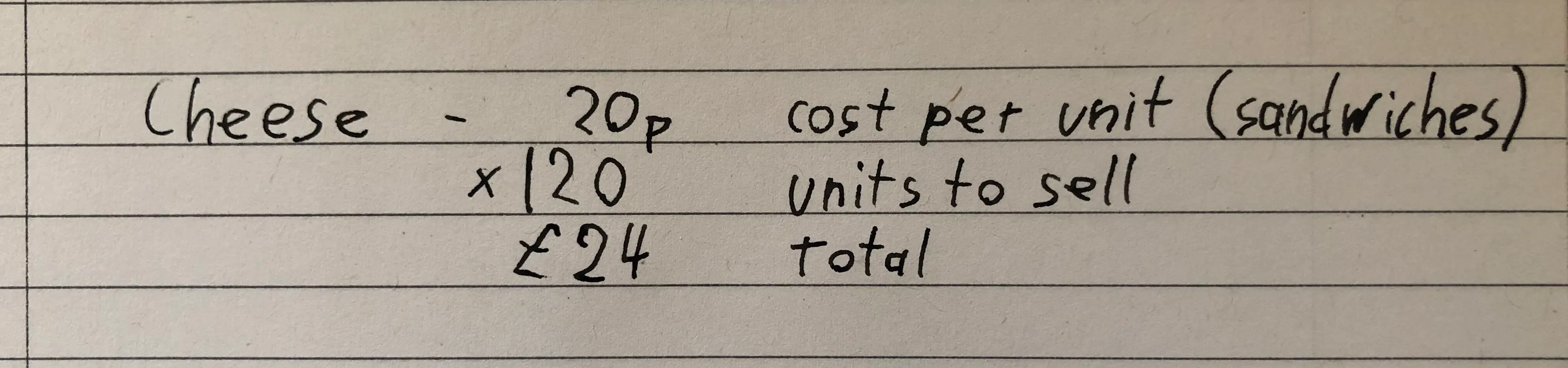 Example showing how to work out variable costs on scrap paper. The example shows this calculation: Cheese at a cost of 20p per unit (for sandwiches) x 120 (units to sell) = £24 total costs (for that item)